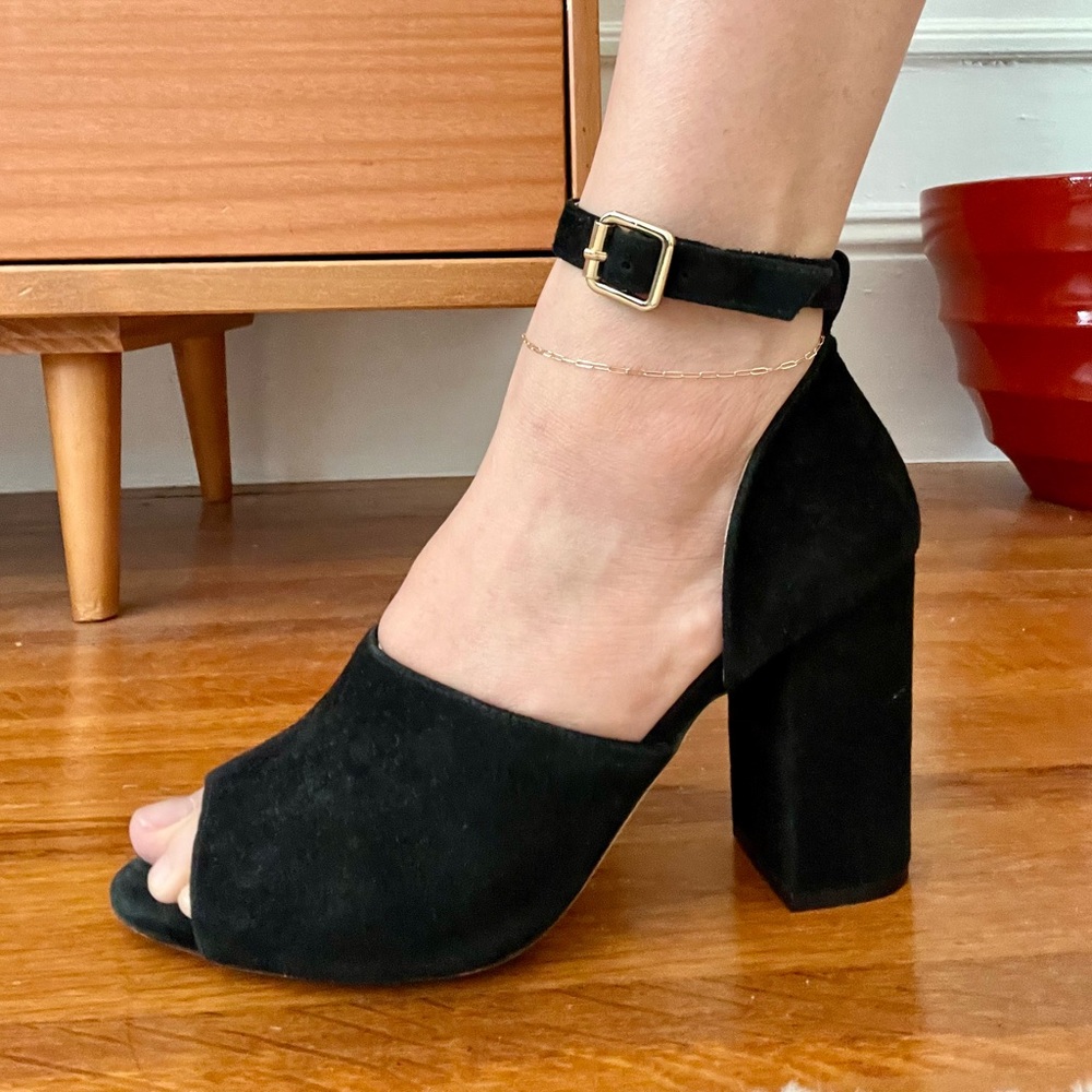 TULAROSA X Raye Black Suede Block Heel Sandals with Ankle Strap